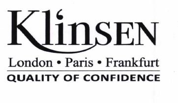 Trademark KLINSEN LONDON. PARIS. FRANKFURT QUALITY OF CONFIDENCE