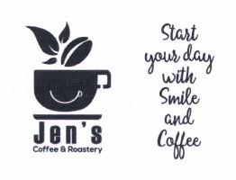 Trademark Jen's Coffee & Roastery. Start your day with Smile & Coffee. Gambar Gelas dengan Senyum serta daun dan biji kopi.