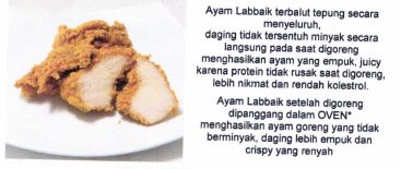 Trademark AYAM LABBAIK TERBALUT TEPUNG SECARA MENYELURUH DAGING TIDAK TERSENTUH MINYAK SAAT DIGORENG LEBIH NIKMAT DAN RENDAH KOLESTROL AYAM LABBAIK SETELAH DOGORENG DIPANGGANG DALAM OVEN MENGHASILKAN AYAM GORENG YANG TIDAK BERMINYAK DAGING LEBIH EMPUK DAN CRISPY YANG RENYAH