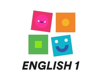 Trademark English 1 + boxes with faces (logo)