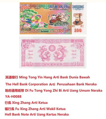 Trademark Ming Tong Yin Hang, The Hell Bank Corporation, Di Fu Tong Yong Zhi Bi, YA-H0088, Xing Zhang, Fu
Xing Zhang + Hell Bank Note + Tulisan Kanji + Lukisan