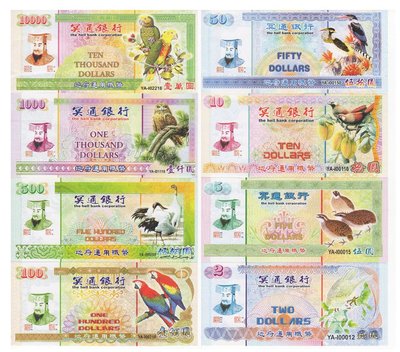 Trademark Ming Tong Yin Hang 2 Er Yuan YA-100012, 5 Wu Yuan YA-100015, 10 Shi Yuan YA-100110, 50 Wu
Shi Yuan YA-100150, 100 Yi Bai Yuan YA-100210, 500 Wu Bai Yuan YA-100250, 1000 Yi Qian Yuan
YA-101118, 10000 Yi Wan Yuan YA-102218 + Tulisan Kanji + Lukisan
