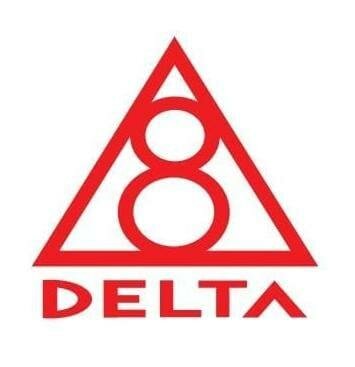 Trademark Segitiga yang diisi dengan angka 8, dan tulisan DELTA dibawahnya (DELTA + LOGO)